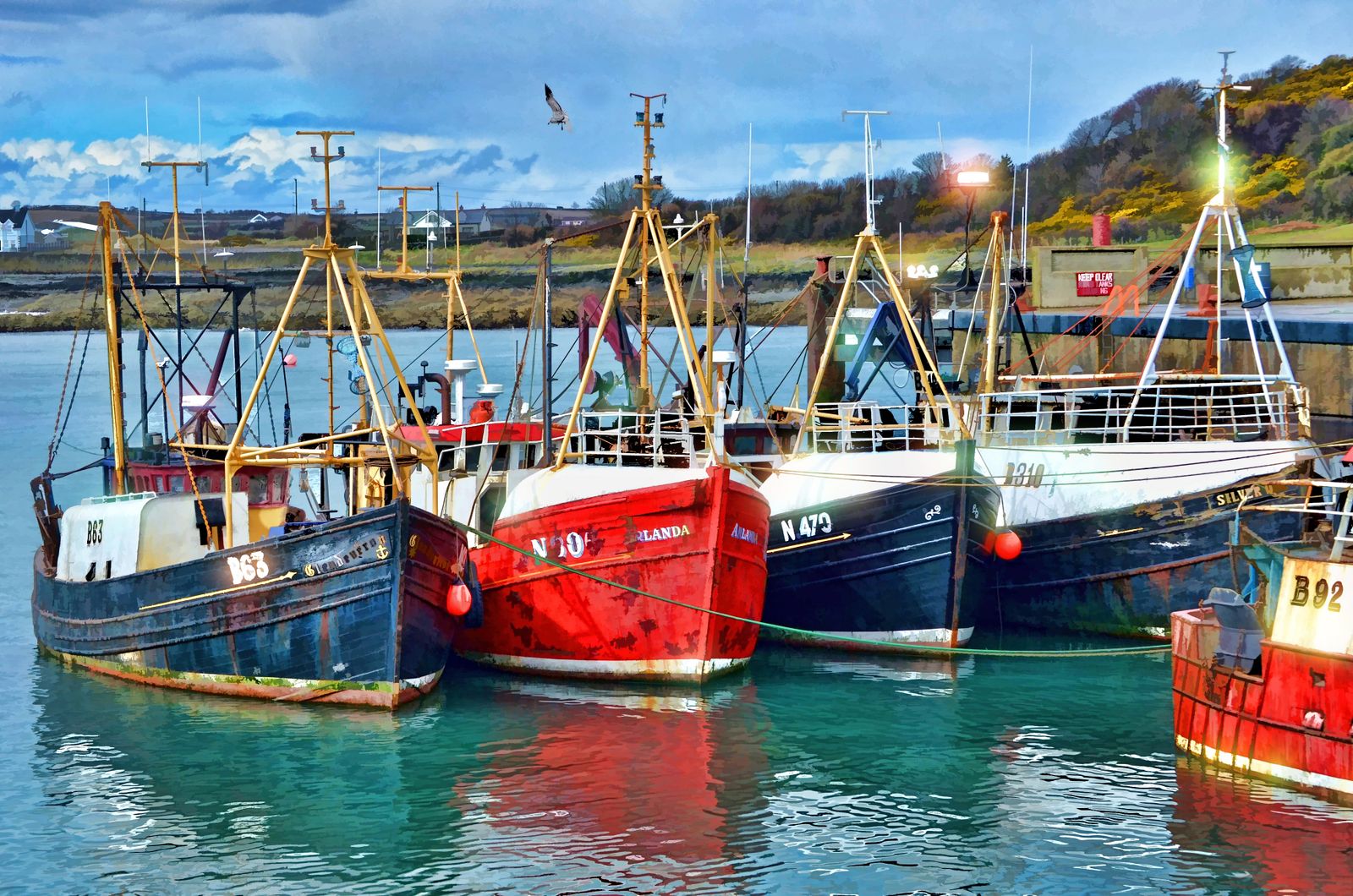 Red, blue, and white fishing boats docked in a picturesque harbor during daytime