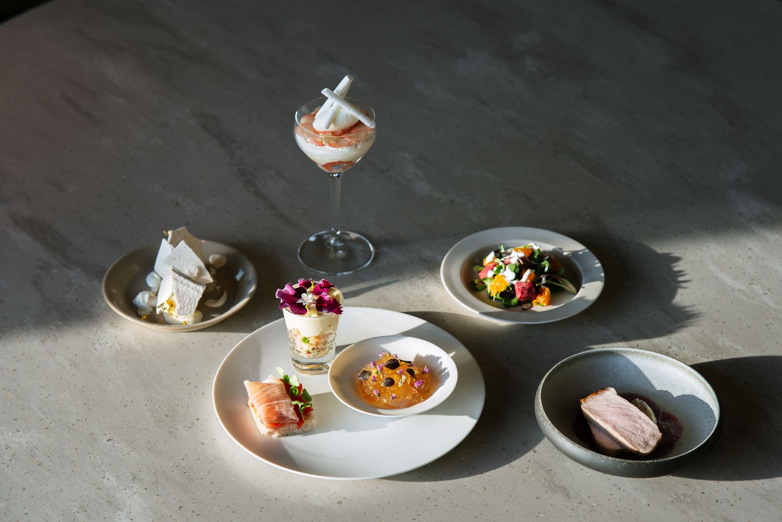 An assortment of exquisite gourmet dishes plated on a fine-dining table